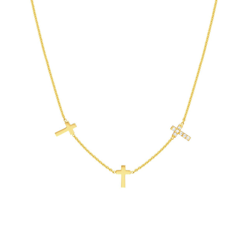 14K Gold Trio Diamond Cross Necklace