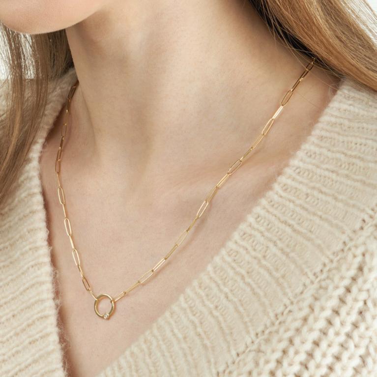 14K Gold Bezel Diamond Ring Pendant Paper Clip Necklace