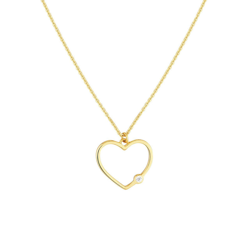 14K Gold Open Heart Diamond Bezel Pendant Necklace