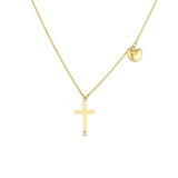 14K Gold Diamond Cross Pendant and Heart Puff Charm Necklace