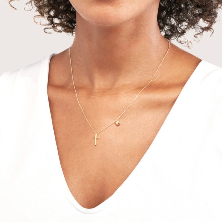 14K Gold Diamond Cross Pendant and Heart Puff Charm Necklace
