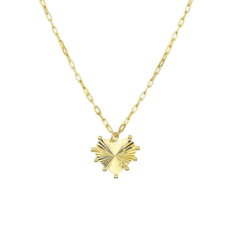 14K Gold Bead-Trim Fluted Heart Pendant Necklace
