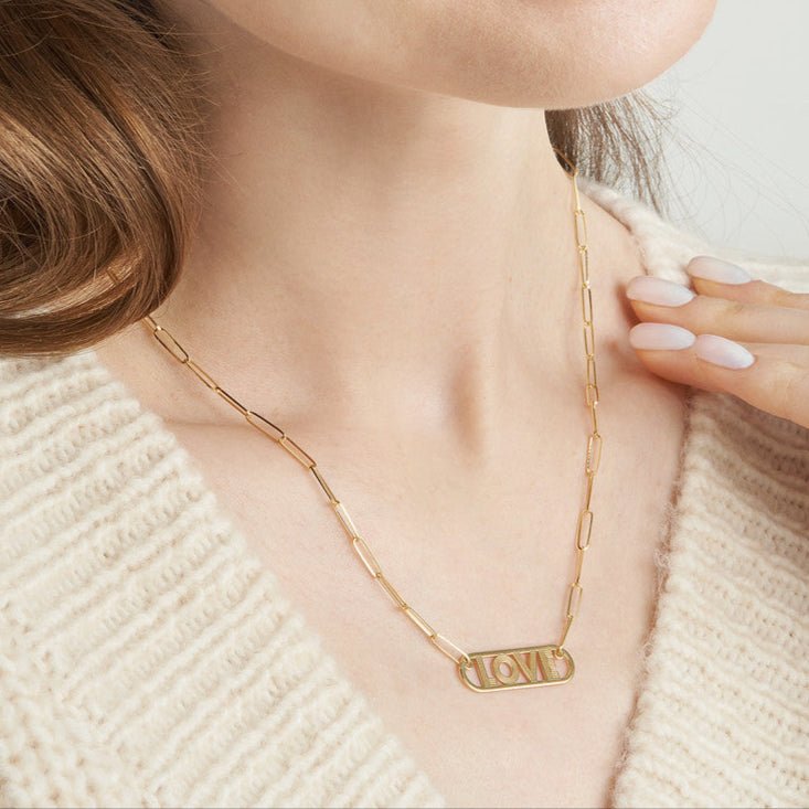 14K Gold Love Paper Clip Pendant Necklace