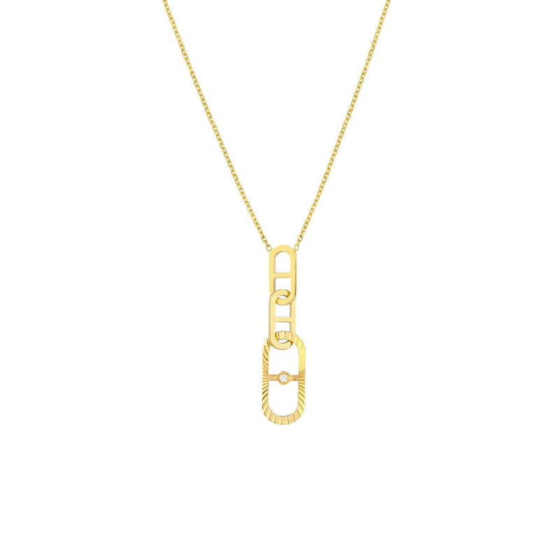14K Gold Diamond Fluted Tab Link Pendant Necklace