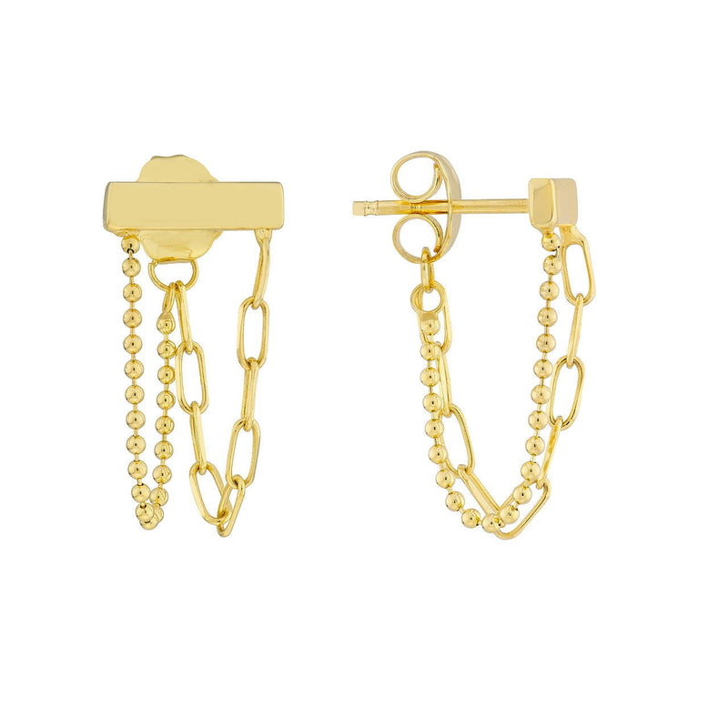 14K Gold Paper Clip and Bead Bar Earrings