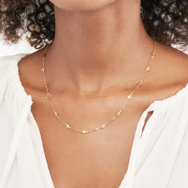 14K Gold Mixed Hammered Cross Chain