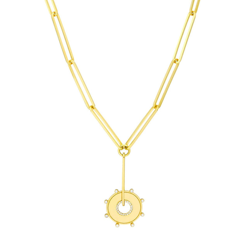 14K Gold Diamond Bezel Trim Disk Diamond Lariat Pendant Necklace