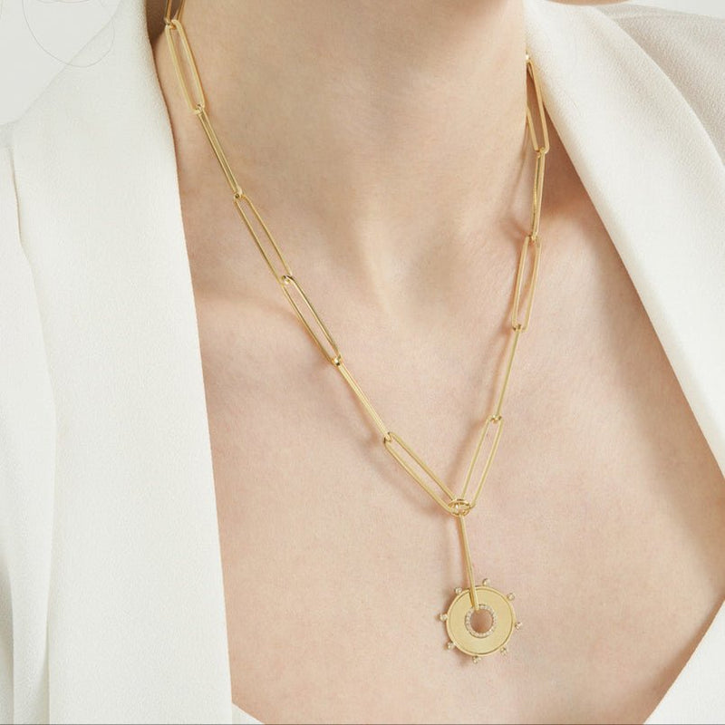 14K Gold Diamond Bezel Trim Disk Diamond Lariat Pendant Necklace