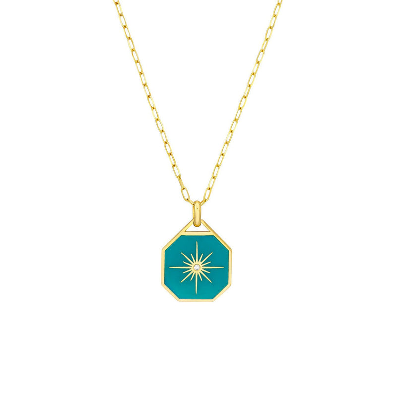 14K Gold Teal Enamel Octagon Star Diamond Pendant Necklace