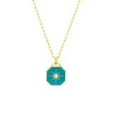 14K Gold Teal Enamel Octagon Star Diamond Pendant Necklace