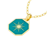 14K Gold Teal Enamel Octagon Star Diamond Pendant Necklace