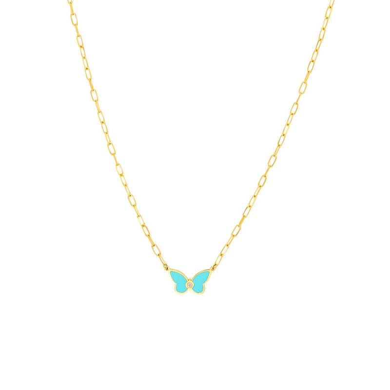 14K Gold Turquoise and Diamond Butterfly Pendant Necklace