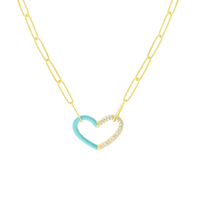 14K Gold Half Turquoise Enamel and Half Diamond Heart Paper Clip Necklace