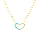 14K Gold Half Turquoise Enamel and Half Diamond Heart Paper Clip Necklace