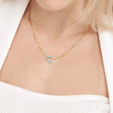 14K Gold Half Turquoise Enamel and Half Diamond Heart Paper Clip Necklace