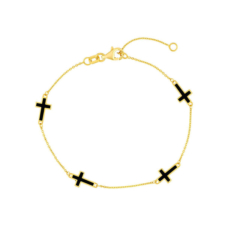 14K Gold Four Black Enamel Cross Bracelet