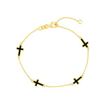 14K Gold Four Black Enamel Cross Bracelet