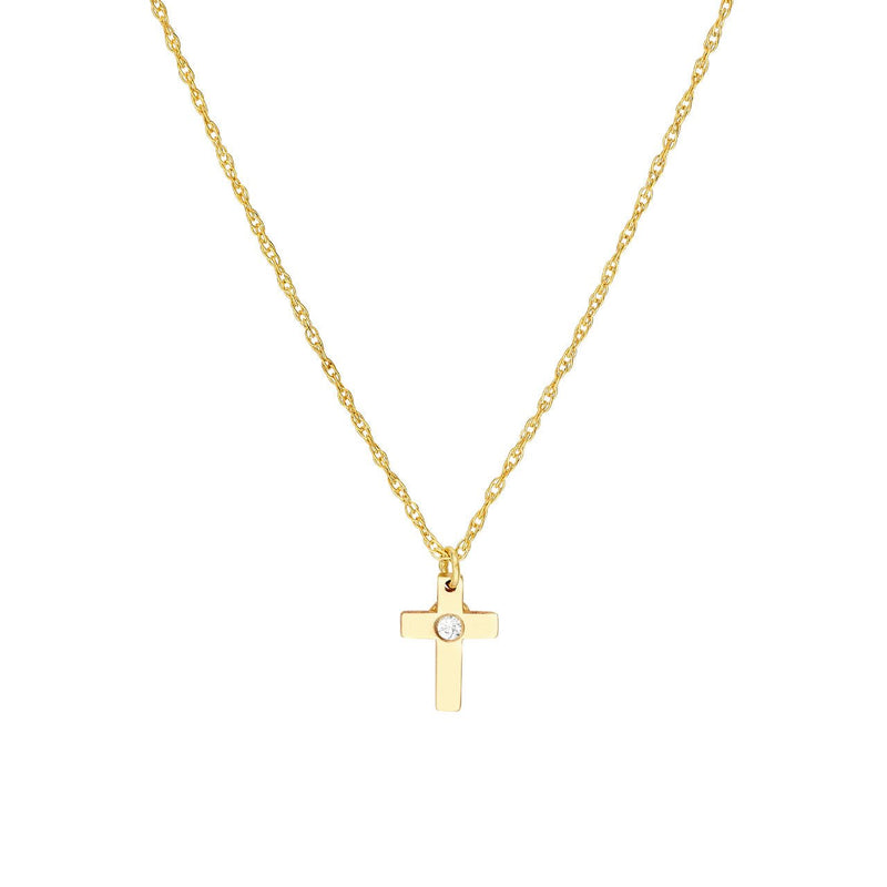 14K Gold Single Diamond Bezel Cross Pendant Necklace