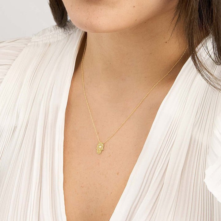14K Gold Diamond Bezel Hamsa Pendant Necklace