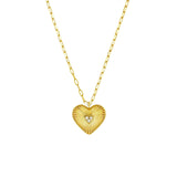 14K Gold Fluted Diamond Three Stone Heart Pendant Necklace