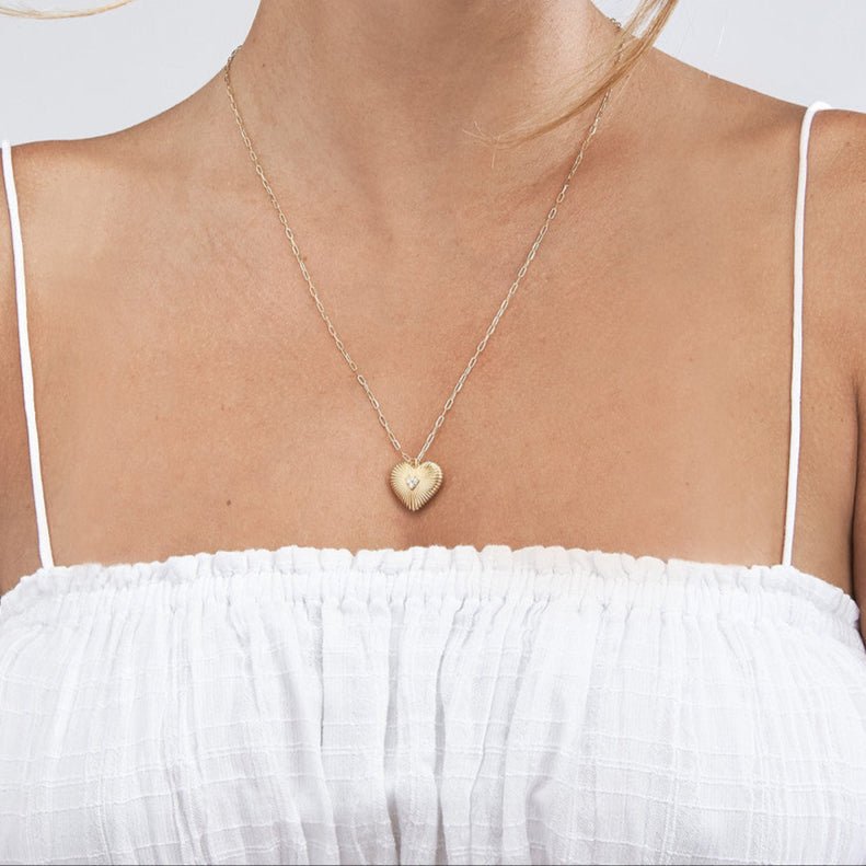 14K Gold Fluted Diamond Three Stone Heart Pendant Necklace