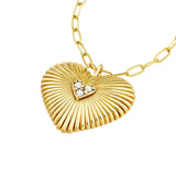 14K Gold Fluted Diamond Three Stone Heart Pendant Necklace