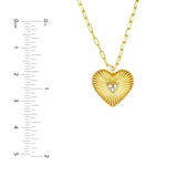 14K Gold Fluted Diamond Three Stone Heart Pendant Necklace
