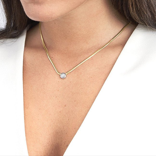 14K Two Tone Gold Cluster Diamond Bezel Snake Chain Necklace