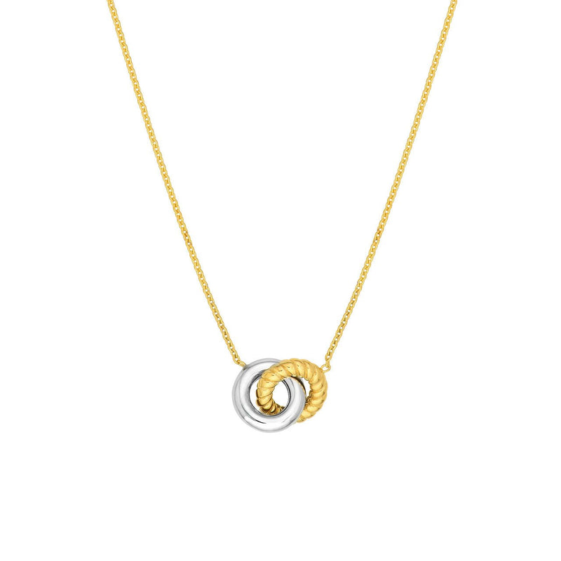 14K Two Tone Gold Interlocking Ring Pendant Necklace