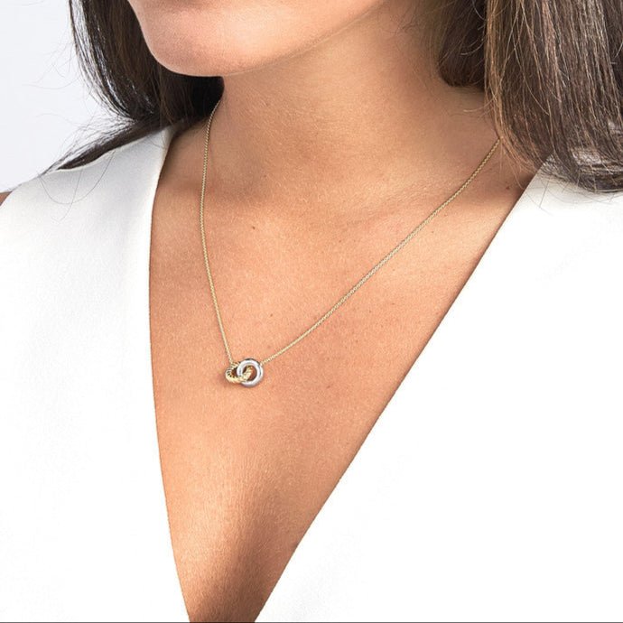 14K Two Tone Gold Interlocking Ring Pendant Necklace