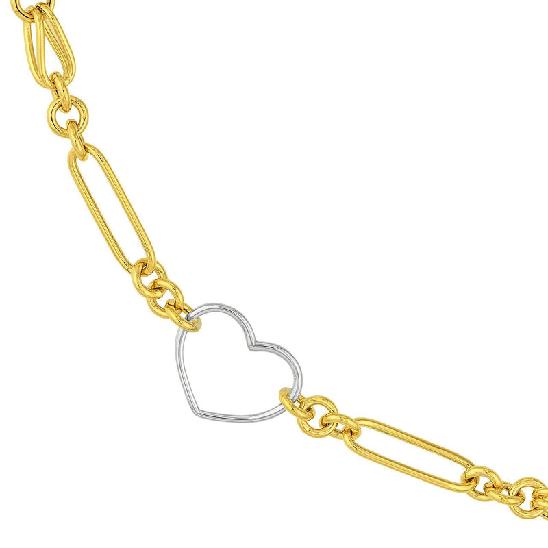 14K Two Tone Gold Heart and Link Station Necklace