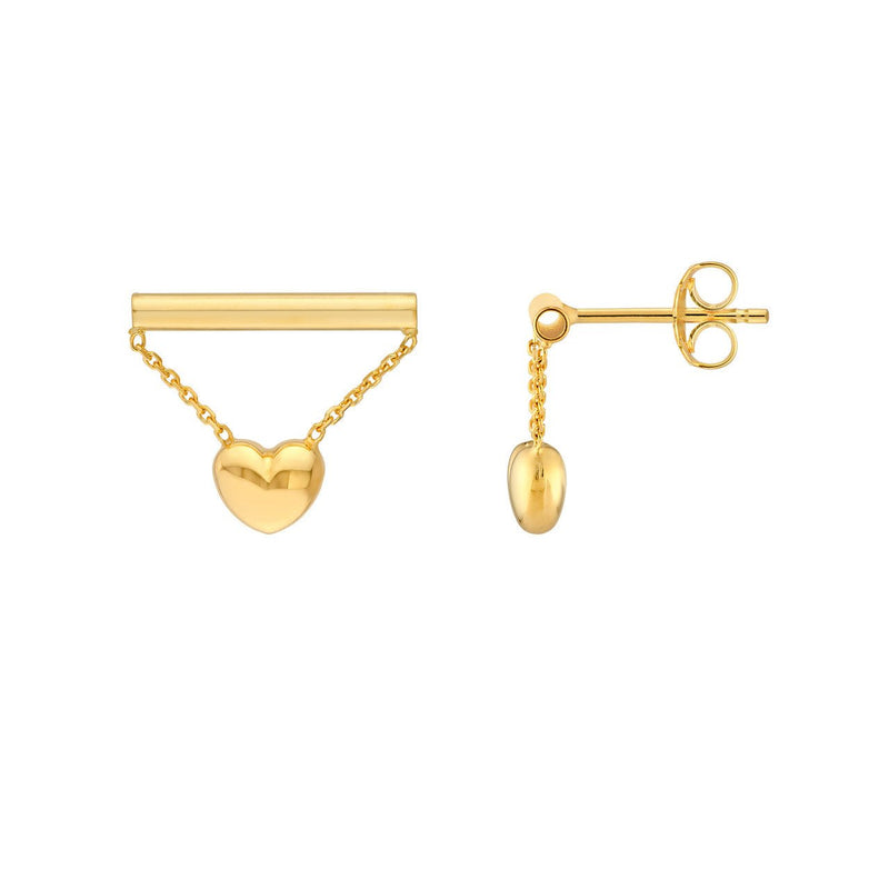 14K Gold Bar Dangling Puff Heart Earrings