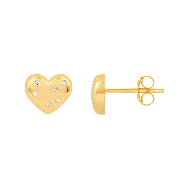 14K Gold Scattered Diamond Heart Stud Earrings