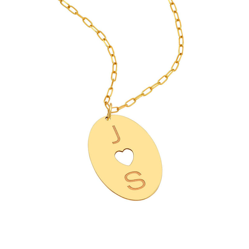 14K Gold Cutout Heart Two Initial Disk Pendant Necklace
