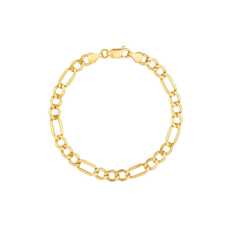 14K Gold 6.40MM Hollow Diamond Cut Figaro Chain Bracelet