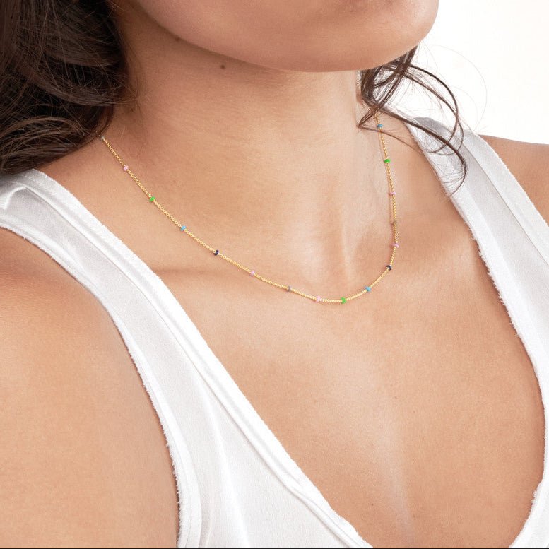 14K Gold Multi Color Enamel Bead Saturn Chain Necklace