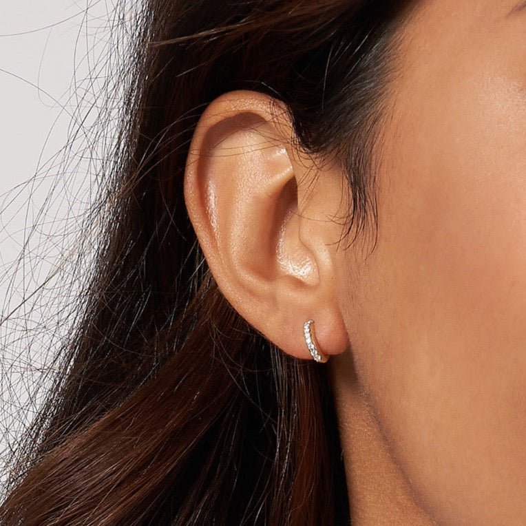 14K Gold 10MM Channel Diamond Huggie Earrings