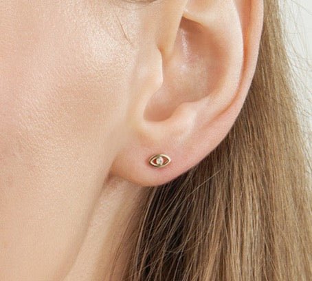 14K Gold Mini Evil Eye Stud Diamond Earrings