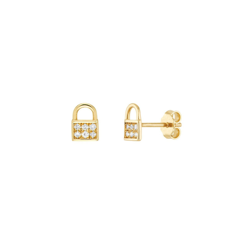 14K Gold Mini Padlock Stud Diamond Earrings