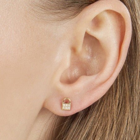 14K Gold Mini Padlock Stud Diamond Earrings