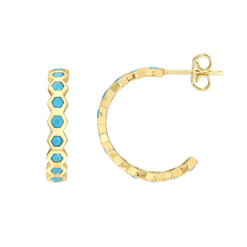 14K Gold Honey Comb Shape Turquoise J-Hoop Earrings