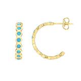 14K Gold Honey Comb Shape Turquoise J-Hoop Earrings