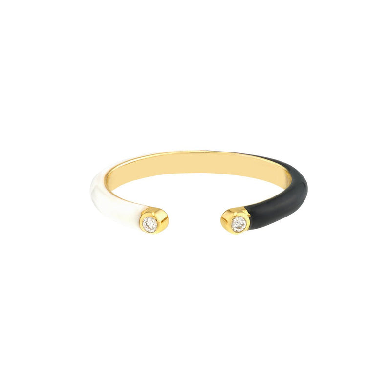 14K Gold Open Cuff Black and White Enamel Diamond Ring