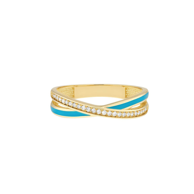 14K Gold Neon Blue Enamel and Diamond X Ring