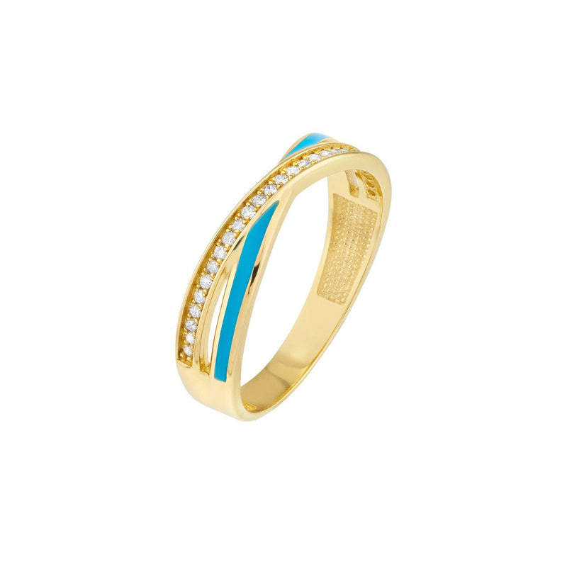 14K Gold Neon Blue Enamel and Diamond X Ring