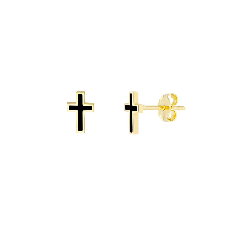 14K Gold Black Enamel Cross Stud Earrings