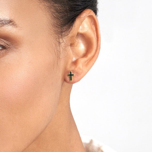 14K Gold Black Enamel Cross Stud Earrings