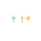 14K Gold Turquoise Enamel Cross Stud Earrings