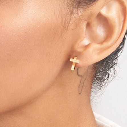 14K Gold Segmented Cross Huggie Earrings