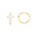 14K Gold Mini White Cross Enamel Hoop Earrings